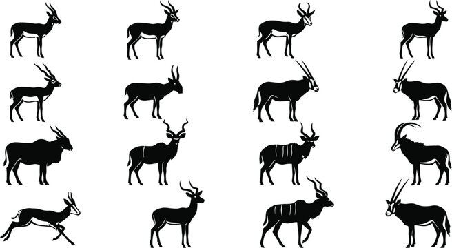 Set of antelope silhouette, various poses. group of black deer. isolated design on transparent background.