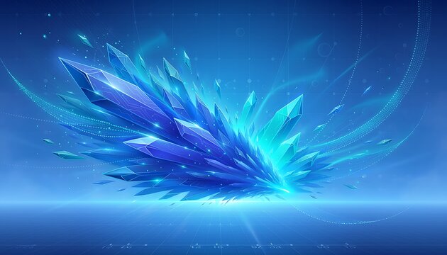 Blue crystalline explosion with energy waves in abstract setting