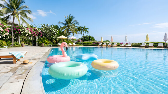 Refreshing swimming pool with pastel inflatable floats and clear blue water on sunny summer day