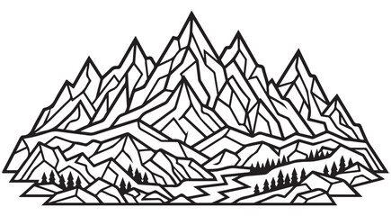 Naklejka premium Mountain range line art vector with pine trees and winding river for outdoor adventure branding and minimalist landscape illustration
