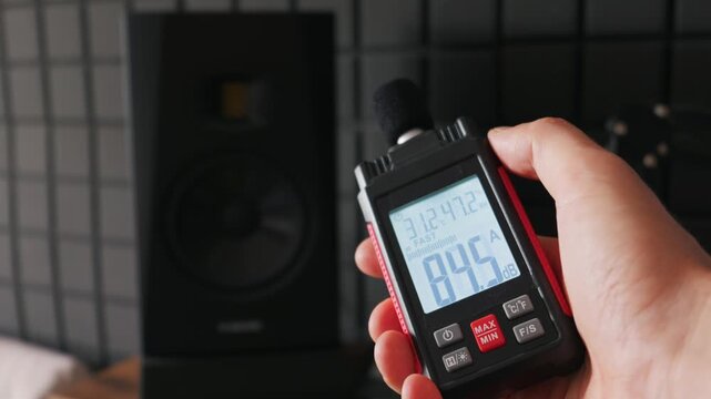 A close-up view of a hand holding a digital decibel meter displaying noise levels in dBA. A black studio monitor speaker and acoustic foam panels are visible in the blurred background.