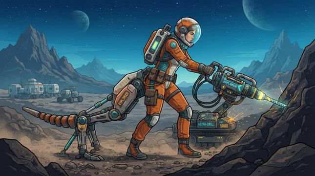 Futuristic space explorer operating heavy drilling equipment on alien planet surface with robotic tail support and distant base station in starry sky