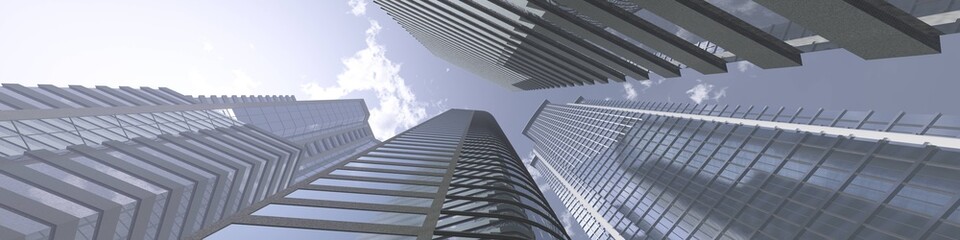 Skyscrapers, high-rise buildings from below against the background of the sky, cityscape, panorama of skyscrapers, 3D rendering © ustas