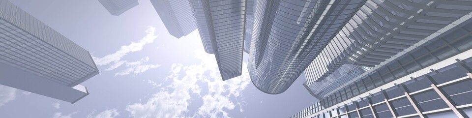 Skyscrapers, high-rise buildings from below against the background of the sky, cityscape, panorama of skyscrapers, 3D rendering © ustas