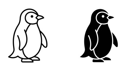 Fototapeta premium Penguin Icon Set: A simple and clean icon set featuring two stylized penguins, one in outline and the other in silhouette, representing a charming and recognizable animal.