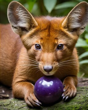 A  dhole rat genetic hybrid experiment ai-generated, fictional species   in a cosmic plateau guarding it's toy ball. 