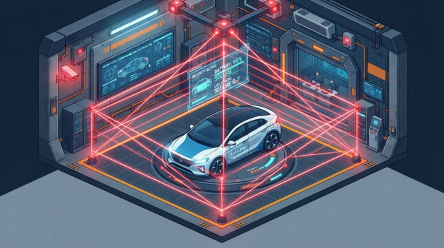 Futuristic smart vehicle undergoing high tech laser security inspection inside a modern automated facility with digital monitoring systems with centered platform