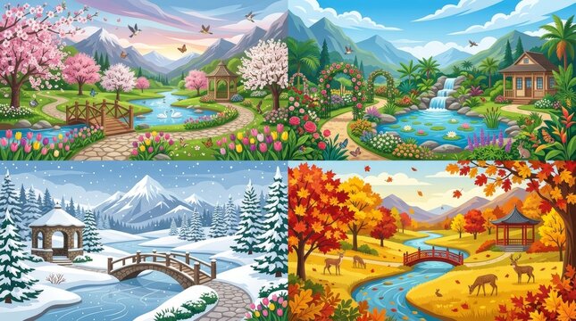 Scenic landscapes, seasonal collage, mountains, rivers, trees