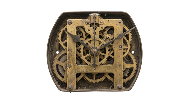 Intricate brass clockwork mechanism with visible gears and hands