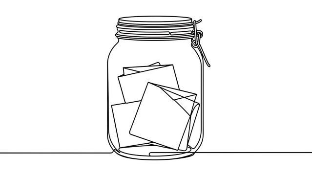 Glass jar with papers on white background.