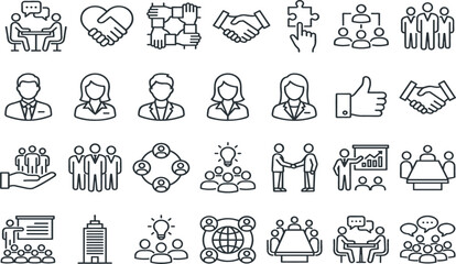 Fototapeta premium Business Teamwork and Corporate Management Line Icon Set with Human Resources Meeting Training and Cooperation Symbols for Recruitment Websites Workplace Apps and Graphic Designs