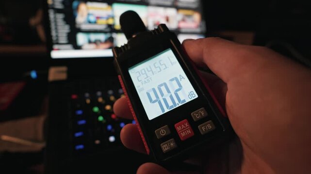 A close-up view of a hand holding a digital sound level meter reading decibels. The illuminated device displays environmental noise data in a dark room near a glowing laptop keyboard.
