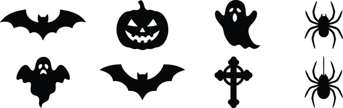 Halloween icons set with bats, pumpkin, ghost and spiders
