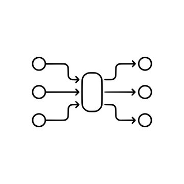 Abstract Network Flow Diagram: A minimalist line art diagram illustrating input nodes branching into an intermediary processing unit, which then distributes output to multiple nodes.