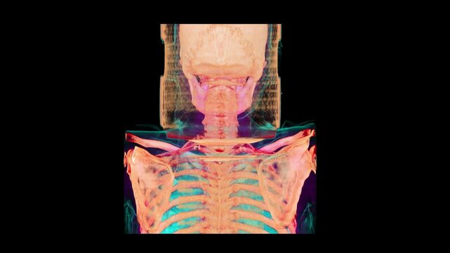 3D computed tomography scan rendering of human skull base mandible cervical spine and upper chest skeleton