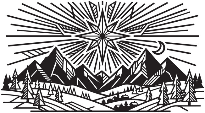 Mountain landscape illustration with large star and crescent moon in linocut style featuring pine trees and village valley for winter holiday