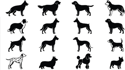 Set of black silhouettes of different dog breeds isolated on transparent background. © Fazla Rabbi
