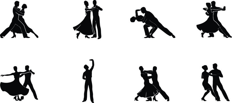 Ballroom Dance Couple Silhouette Icon Set with Waltz Tango Partner Dancing and Elegant Performance Poses Collection