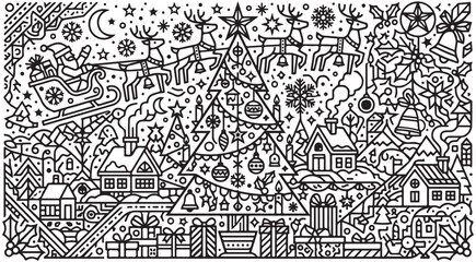Christmas coloring page vector illustration with Santa Claus sleigh reindeer decorated tree and winter village for holiday activity © mbg