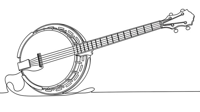 Line art banjo illustration on white background.