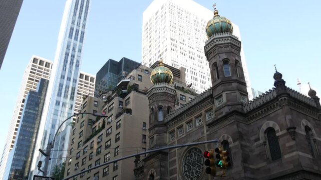 New York Central Synagogue historic building 1872, Lexington avenue, United States of America. Jewish congregation in Manhattan. Judaism religion landmark. Turret with Star of David ornament. Heritage