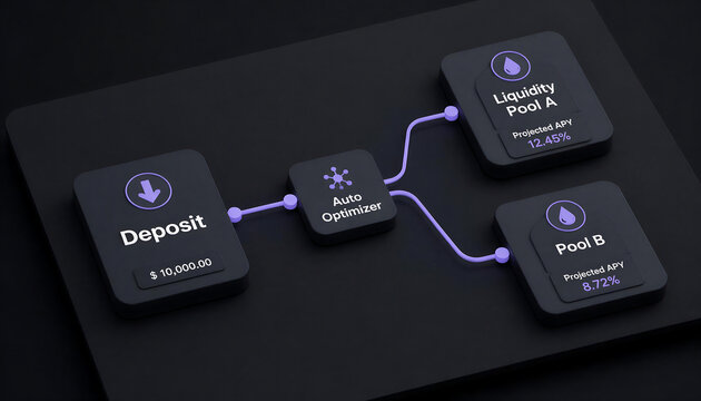 DeFi liquidity pool flow chart, 3D crypto yield farming interface, dark mode financial dashboard with auto optimizer and deposit nodes