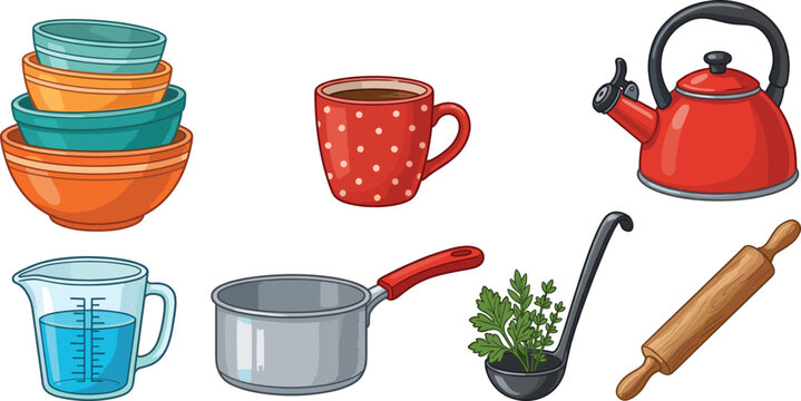 Cute cartoon kitchen utensils vector set with ceramic bowls coffee mug tea kettle measuring cup cooking pan and rolling pin for culinary designs
