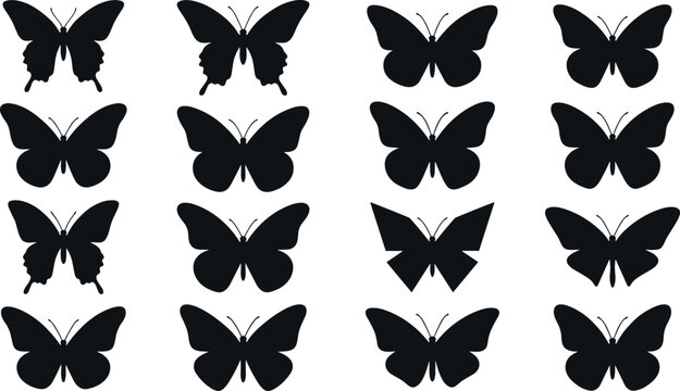 Black butterfly silhouette vector collection with isolated symmetric wing shapes set for geometric minimalist pattern print laser cutting stencil tattoo design