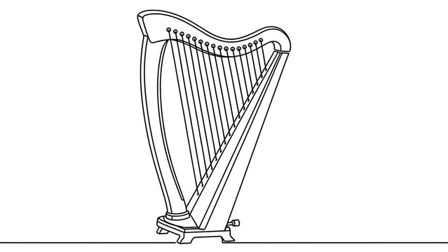 Line art harp illustration on white background.