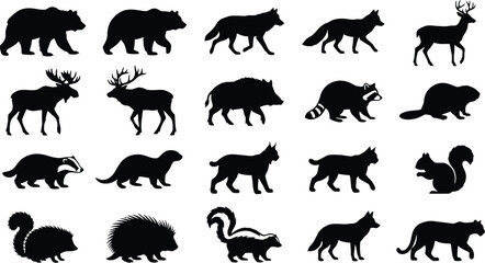 Naklejka premium Set of wild forest animal silhouettes including bear wolf deer moose boar raccoon beaver and more.
