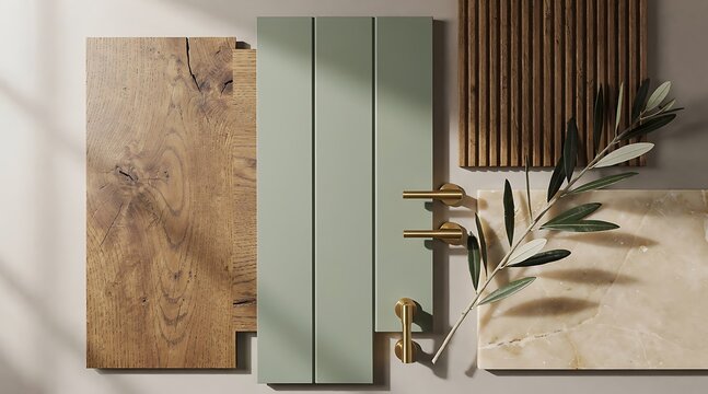 Elegant Interior Design Mood Board with Natural Textures and Olive Branch.