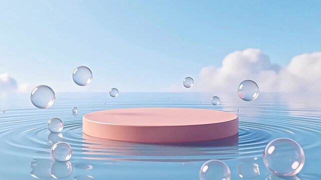 Pink circular platform in water with bubbles