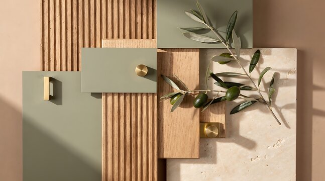 Aesthetic flat lay of natural materials and olive branches for interior design mood board.