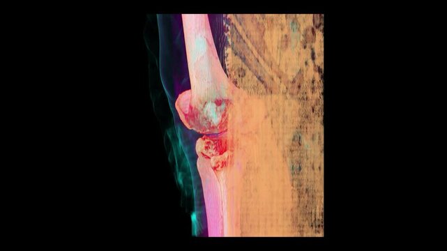 3D volume rendered CT scan of a left knee joint with colored skeletal highlights showing femur patella and tibia