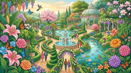 Fototapeta premium Vibrant garden, colorful flowers, serene fountain, lush greenery, idyllic scenery