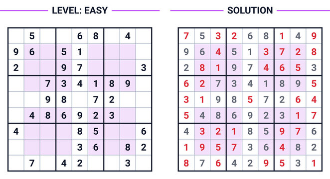 Hyper sudoku logic puzzle with easy solution, brain & memorypuzzles for adults & seniors, sudoku solution page