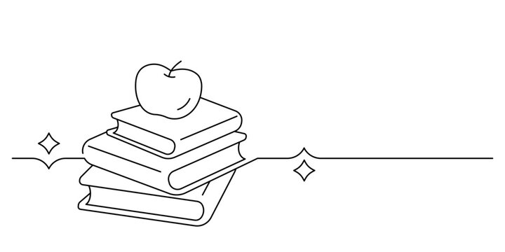 books stack and apple single line illustration. learning and education concept minimal