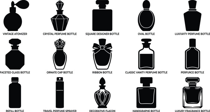 Luxury Perfume Bottles and Fragrance Flacons Black Silhouette Vector Icon Set