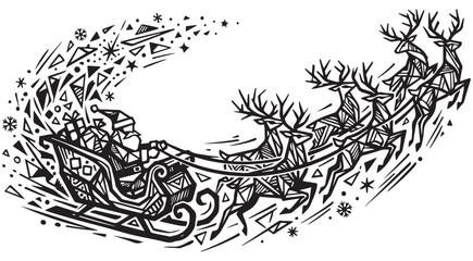 Santa Claus in sleigh pulled by reindeer with presents and stars in geometric linocut vector style © mbg