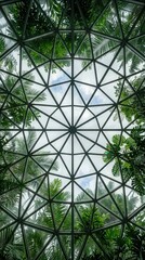 Fototapeta premium Geometric glass dome ceiling structure framing lush tropical foliage and green palm leaves under a bright cloudy sky captured from a low angle perspective interior view