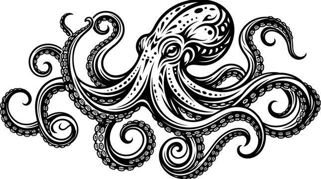 An octopus illustration with tentacles spread out in a decorative style on a white background