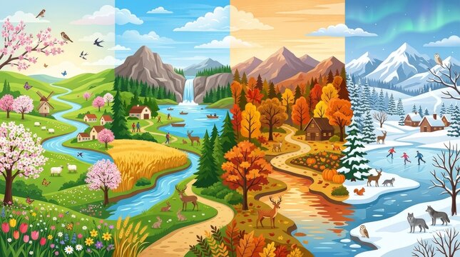 Seasonal landscape collage, four seasons, nature scenery, mountain ranges