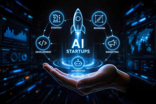 AI startups autonomous business building system hand presenting rocket hologram combining strategy branding development marketing automation compressing path from idea to launch futuristic tech