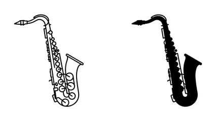 Naklejka premium Saxophone Icons: Two distinct illustrations of a saxophone, one outlined in black and white, the other a solid black silhouette, present classic musical instrument graphics.