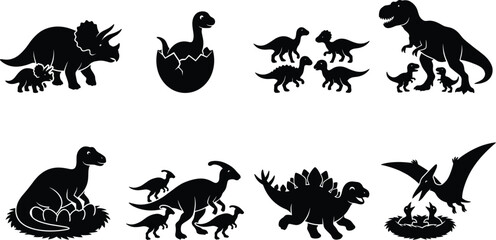 Prehistoric Dinosaur Family Silhouette Bundle with Hatchlings Eggs and Nest Vector Icon Collection © Zibon