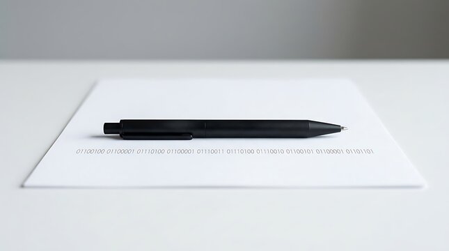 Black pen on white paper with binary code desk gray background