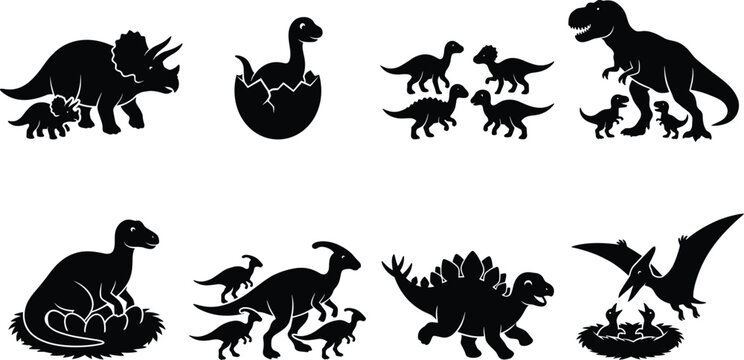 Prehistoric Dinosaur Family Silhouette Bundle with Hatchlings Eggs and Nest Vector Icon Collection