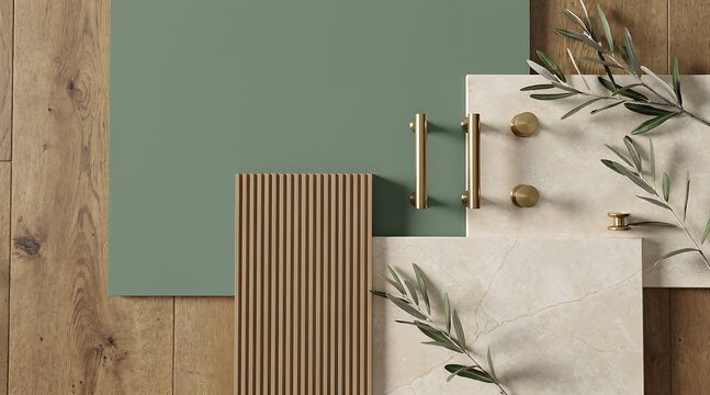 Interior design mood board with wood samples, cabinet handles, and green swatch.