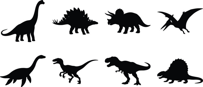 Prehistoric Dinosaur Silhouette Collection Featuring Jurassic and Cretaceous Reptiles Isolated Vector Style Set