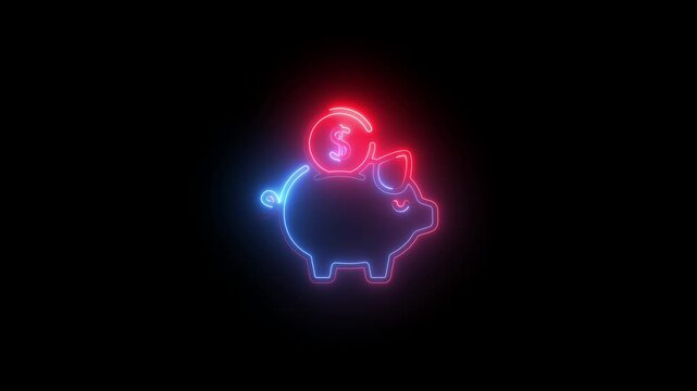 Neon piggy bank with dollar coin animation: financial savings and investment concept glowing finance
